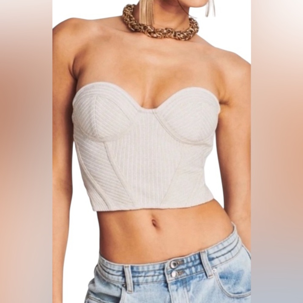 Retrofete Sami Knit Ribbed Strapless Corset Cropped Top Apricot Peach Revolve